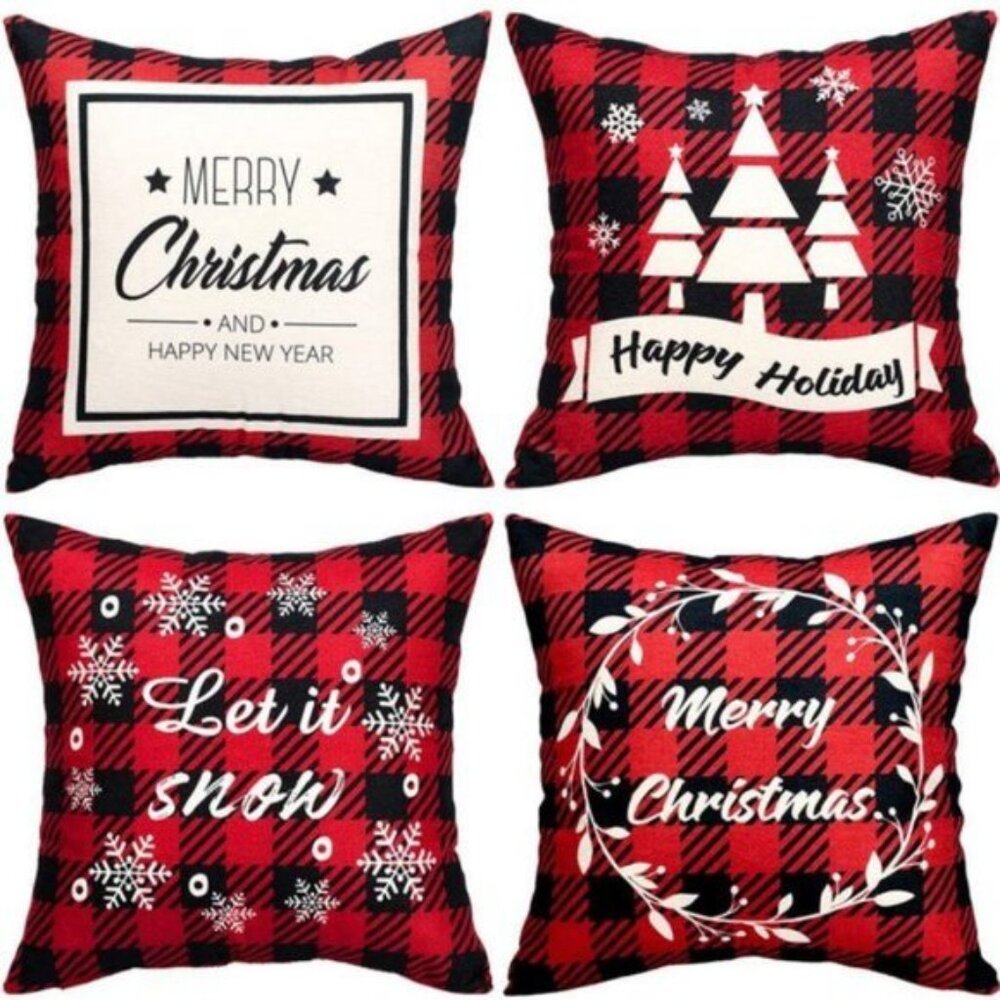 Decorative Holiday Throw Pillow Covers | Set of 4 | 18"x18" | Linen Blend
